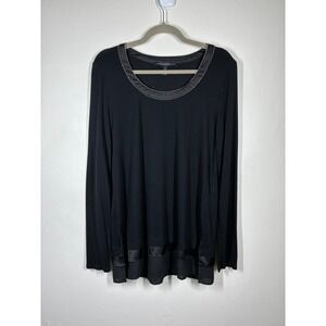 White House Black Market Black Long Sleeve Tunic Top Medium Ribbon Embellished